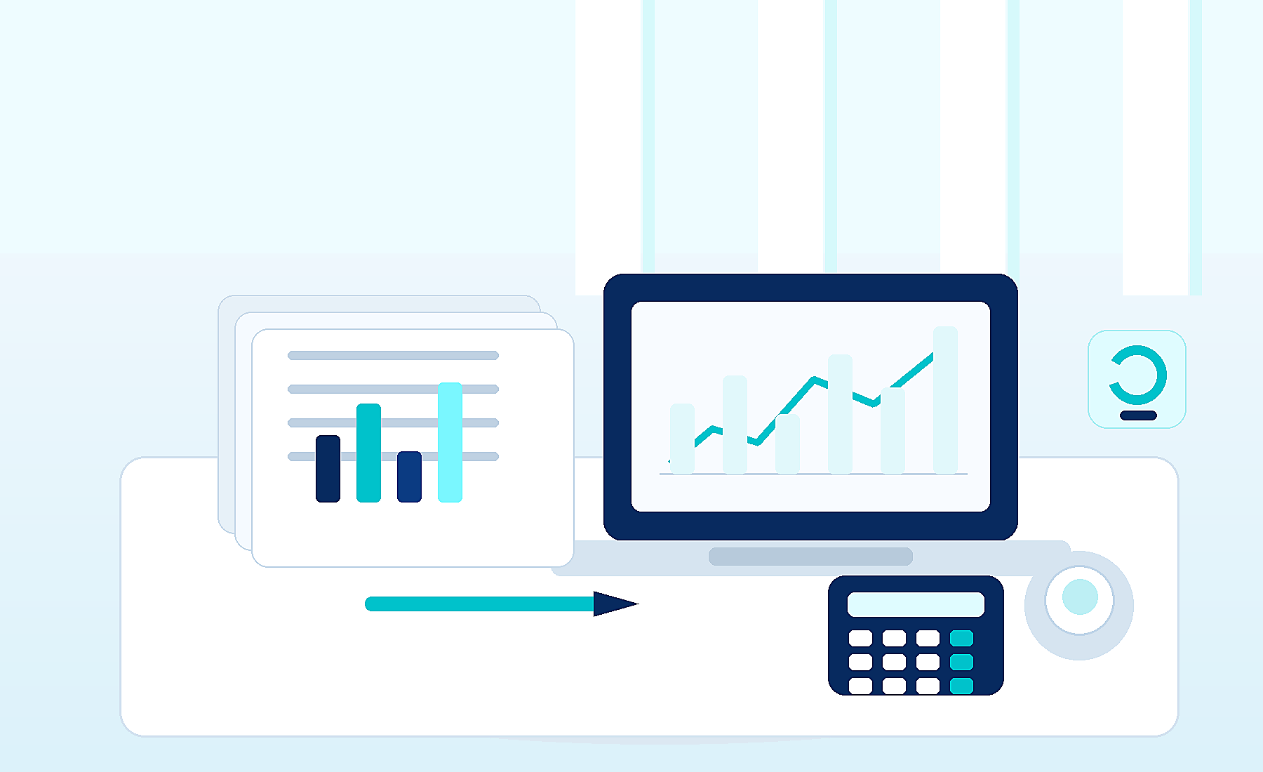 Mesa de escritório com relatórios financeiros, notebook e materiais de trabalho.
